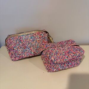 Nicole Miller Glitter Cosmetic Makeup Bag Set (2) Travel Pouches